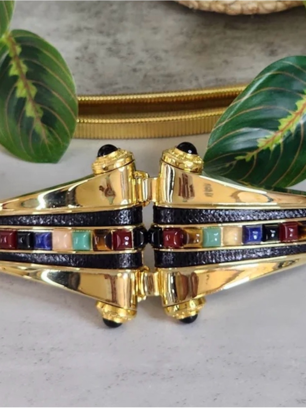 Judith Leiber Gold-Tone Multicolor Stone Hinged Genuine Black Snake skin Belt